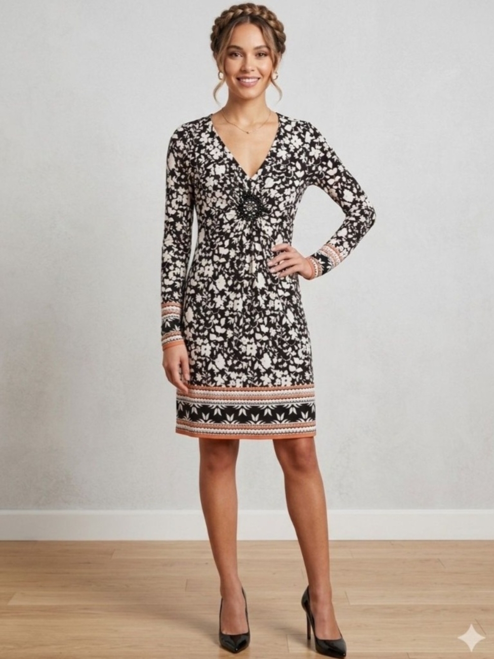 ECI Black and Cream Floral Long-Sleeve V-Neck Dress with Coral Border. Size 6